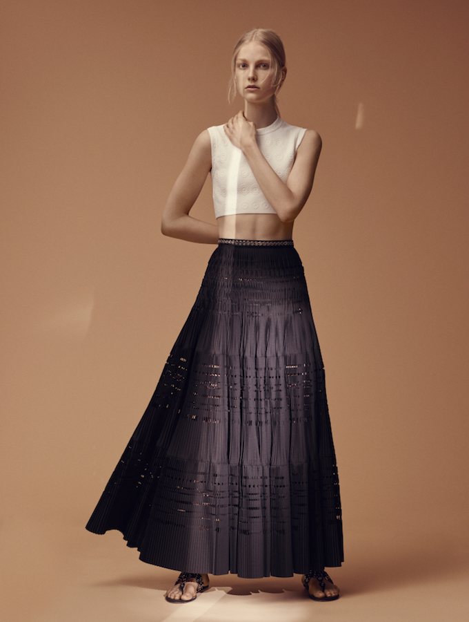 Alaïa Laser-Cut Pleated Cotton-Blend Maxi Skirt