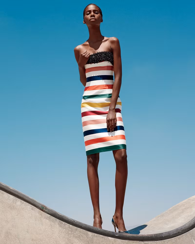 Carolina Herrera Strapless Striped Beaded Cocktail Dress