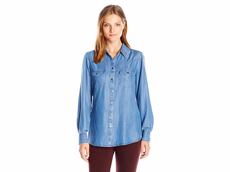 Foxcroft Long Sleeve Denim Tencel Blouse