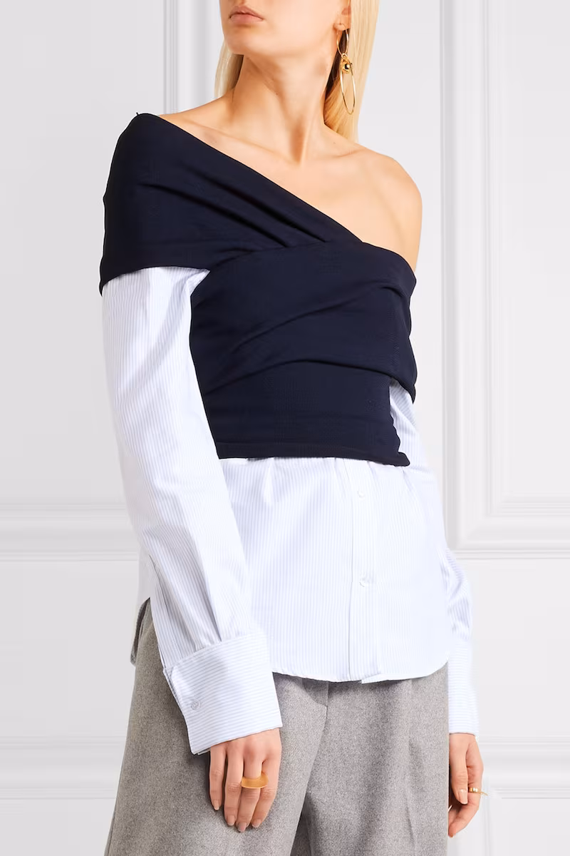 Jacquemus One-Shoulder Striped Cotton-Poplin and Ribbed-Knit Top