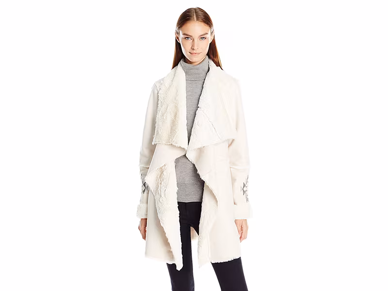 Kensie Faux Shearling Coat with Water Fall Front and Emboridered Sleeves