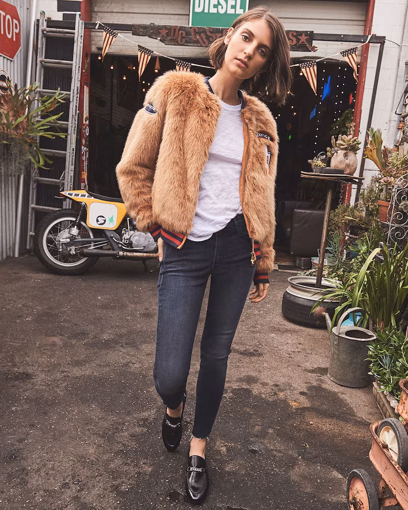 MOTHER The Letterman Patch Faux Fur Jacket