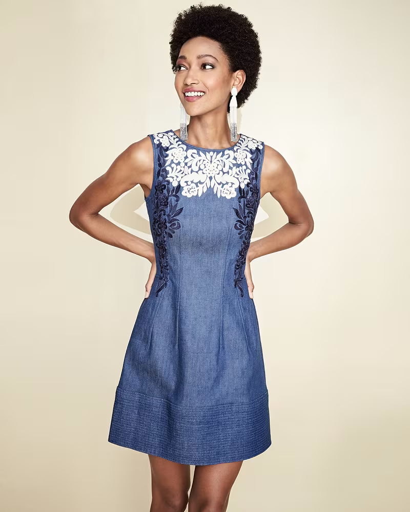 Oscar de la Renta Threadwork-Embroidered Denim Dress
