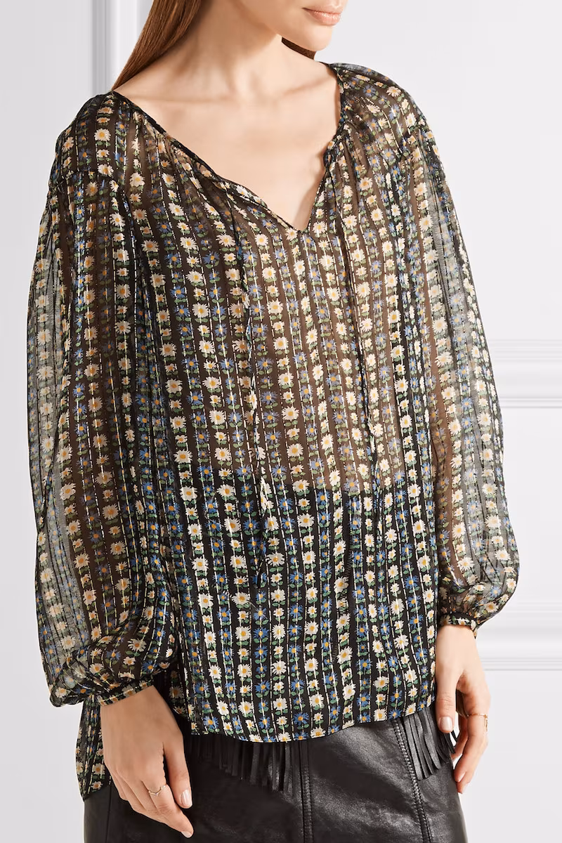 Saint Laurent Metallic Striped Floral-Print Silk-Chiffon Blouse