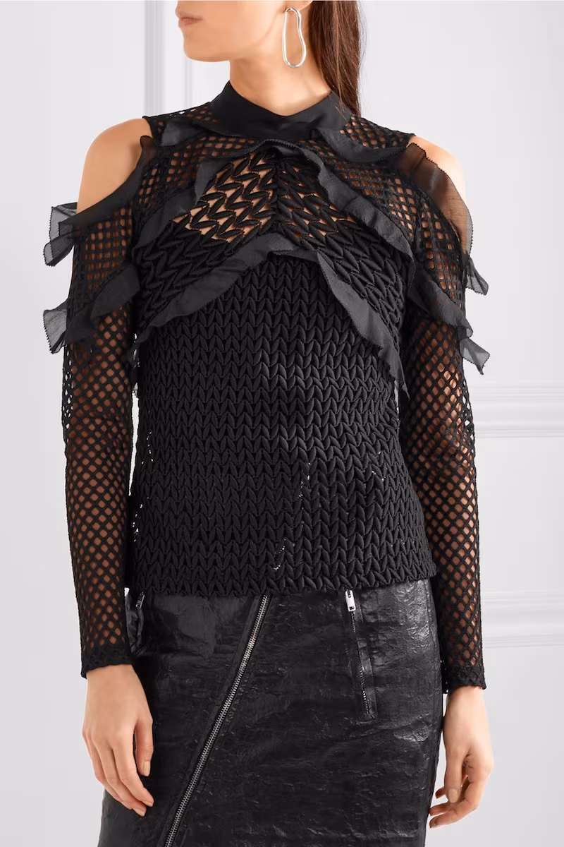 Self-Portrait Cutout Ruffled Organza-Trimmed Guipure Lace Top