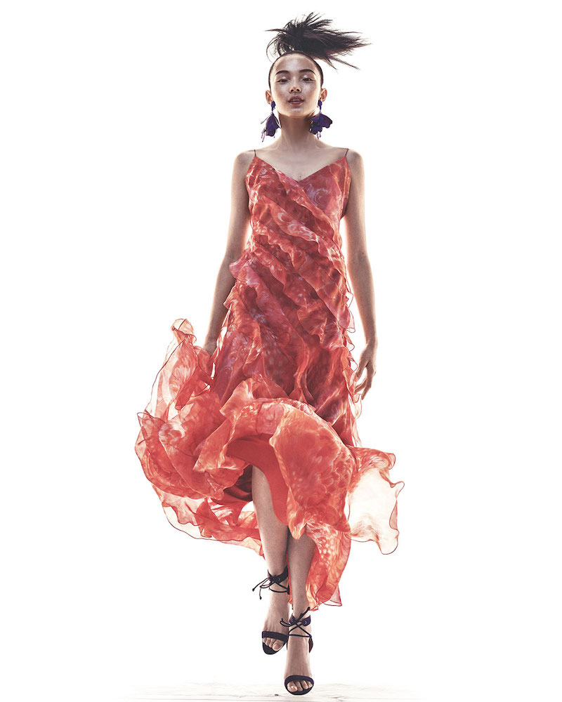 Carmen Marc Valvo Sleeveless Floral Silk Ruffle Gown