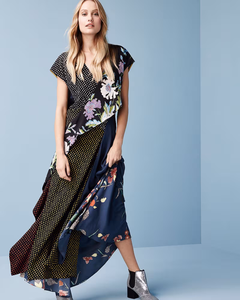 Diane von Furstenberg Draped Mixed-Print Floral & Dot Silk Maxi Dress