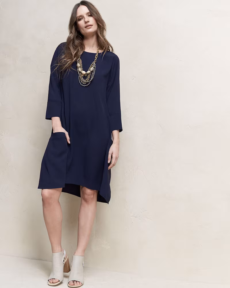 Eileen Fisher 3/4-Sleeve Silk Georgette Shift Dress with Pockets