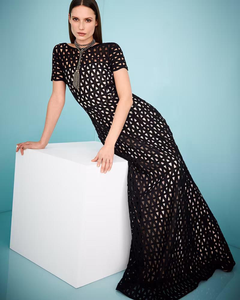 Escada Macrame Lace Short-Sleeve Gown