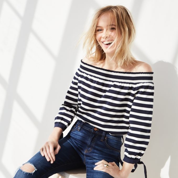 J.Crew Striped Long-Sleeve Off-The-Shoulder Top