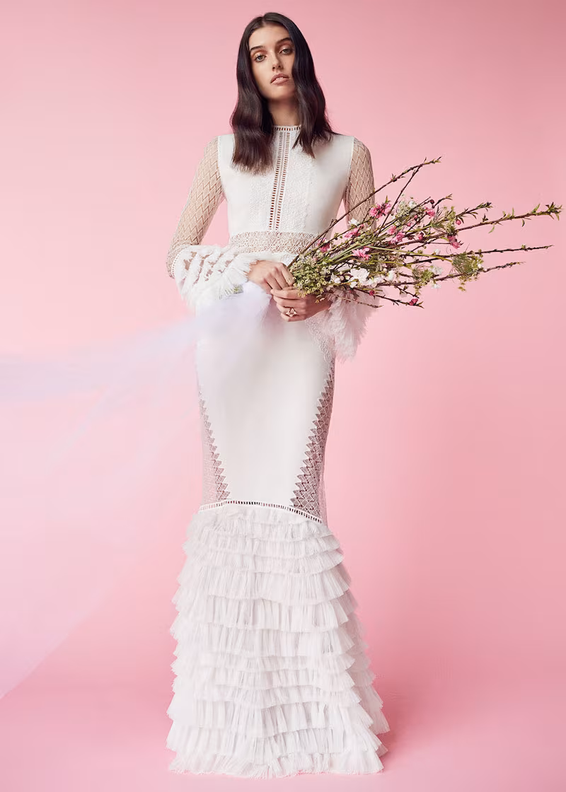 JONATHAN SIMKHAI Tiered Ruffle Long Sleeve Lace Dress