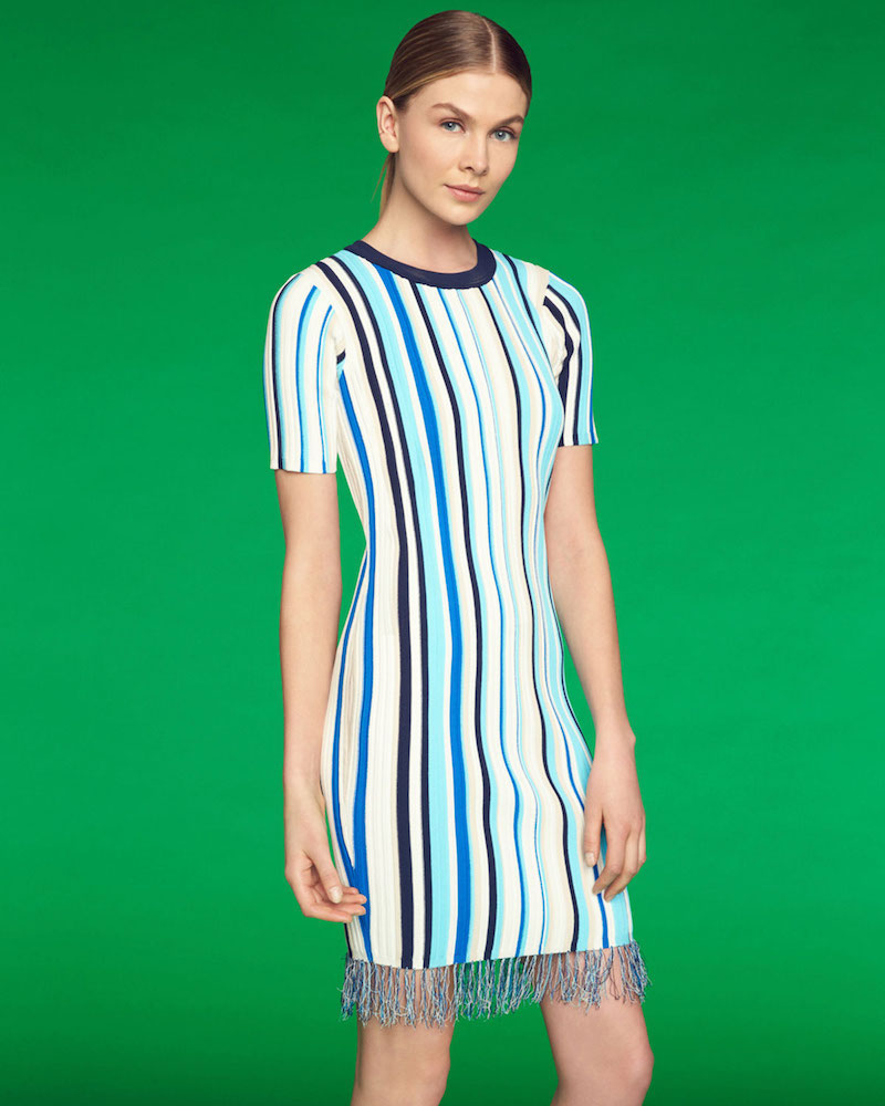 Milly Vertical Striped Short-Sleeve Dress with Fringe