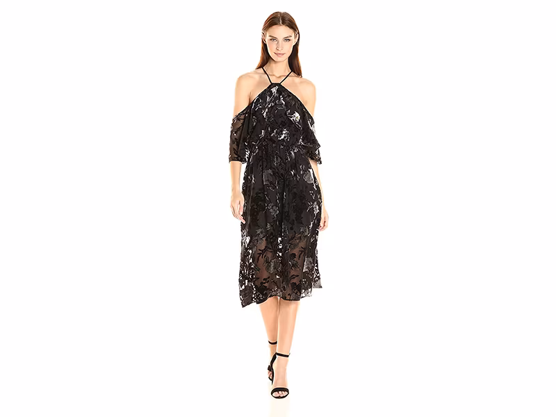 ABS Allen Schwartz Shoulder Baring Mid-Length Dress in Floral Velvet Burn-Out
