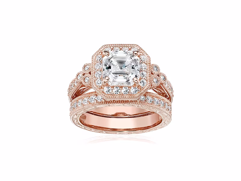 Amazon Collection Platinum or Gold Plated Sterling Silver Asscher-Cut Swarovski Zirconia Antique Ring Set