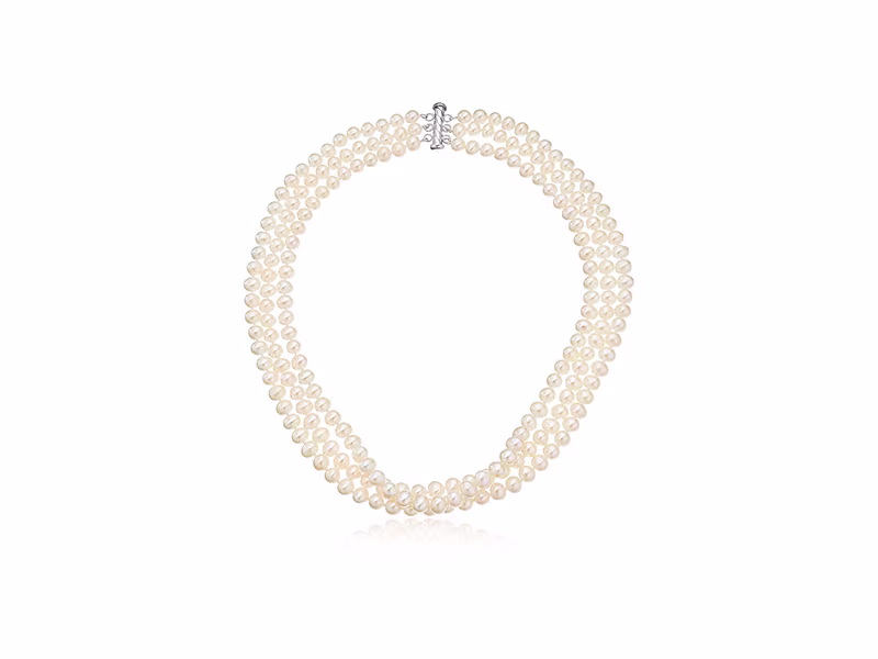 Amazon Collection Sterling Silver 3-Row White Freshwater Cultured A Quality Pearl Necklack