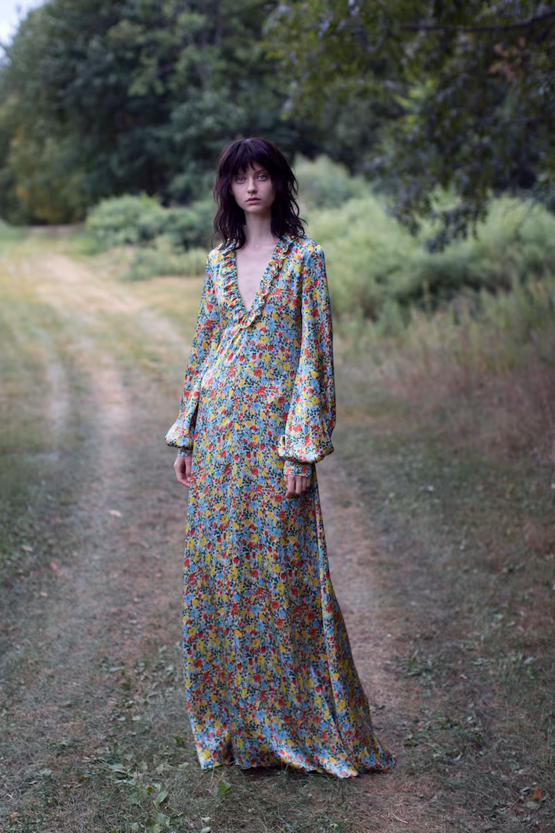 BY. Bonnie Young Floral Silk Ruffle Maxi Dress