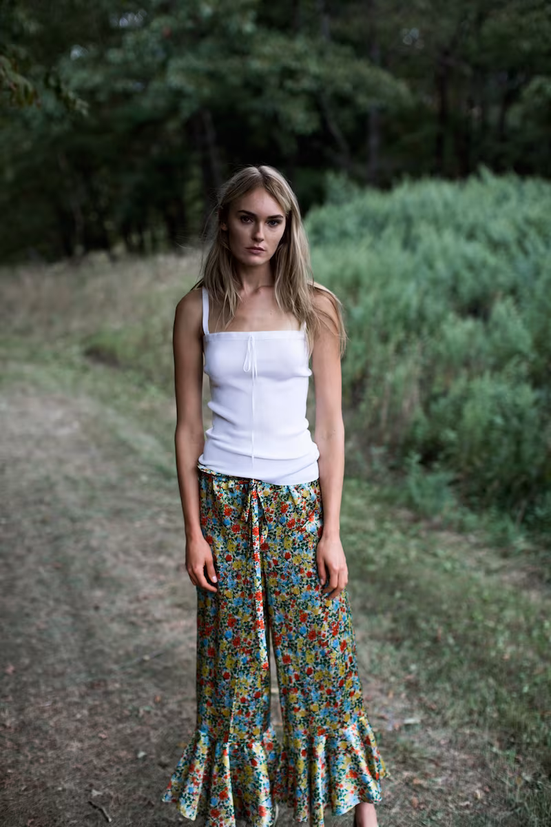 BY. Bonnie Young Floral Silk Ruffle Pants