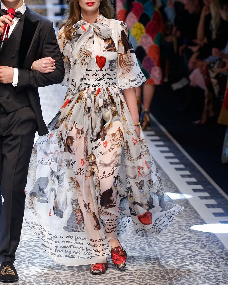 Dolce & Gabbana Cat-Print Tie-Neck Chiffon Gown