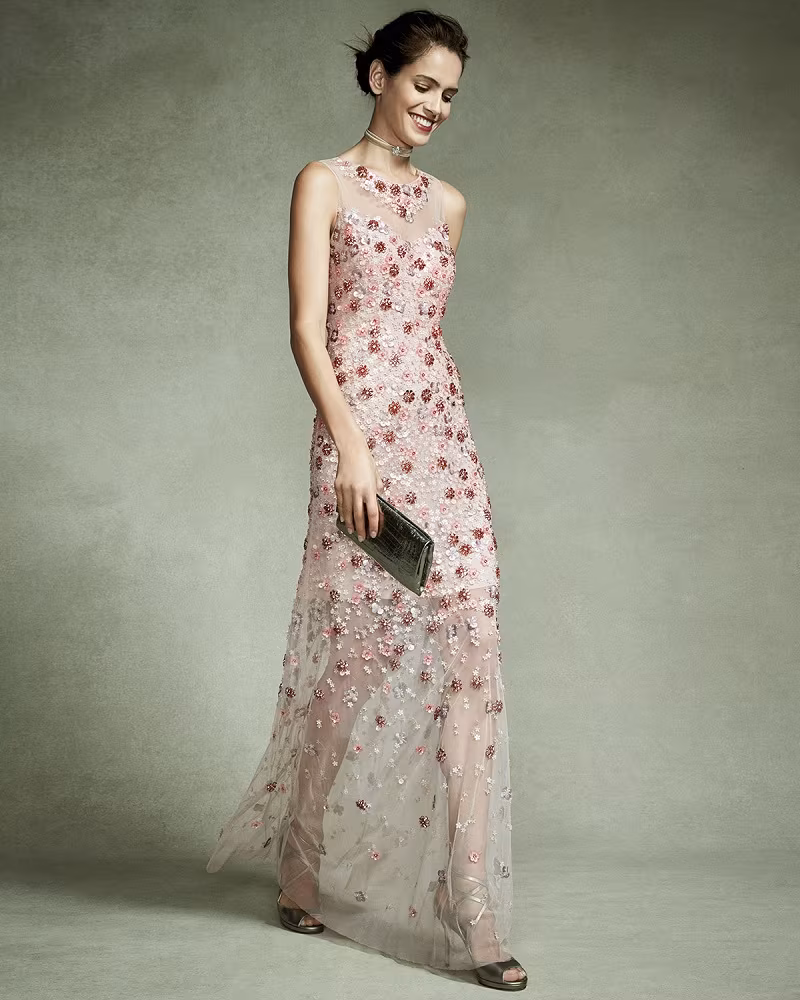 Elie Tahari Sleeveless Embellished Floral Georgette Column Gown