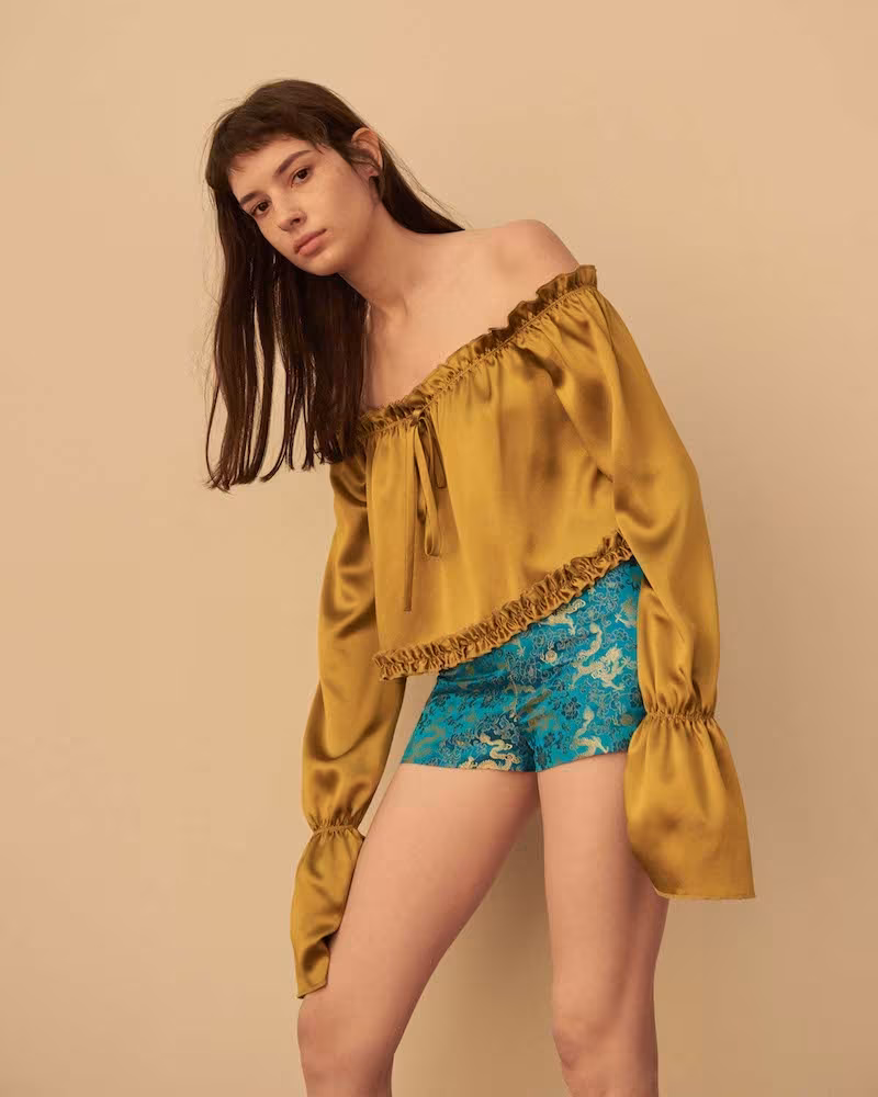 Eric Schlösberg Silk Charmeuse Off the Shoulder Top
