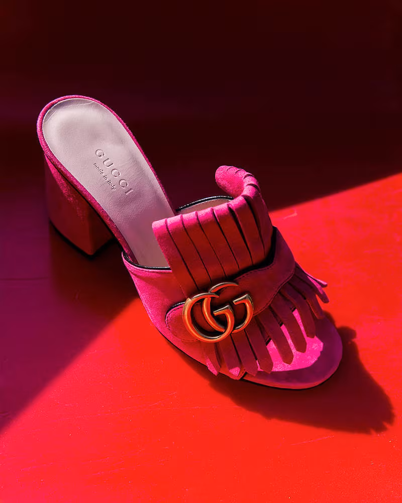 Gucci 75mm Marmont GG Fringed Suede Mules