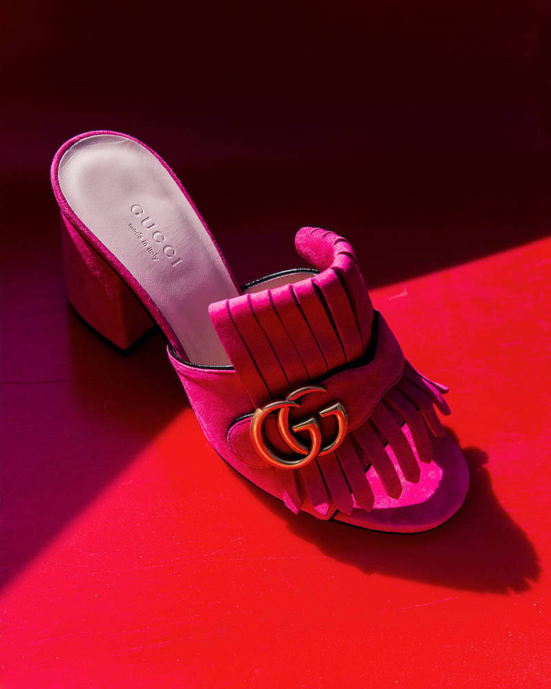 Gucci 75mm Marmont GG Fringed Suede Mules