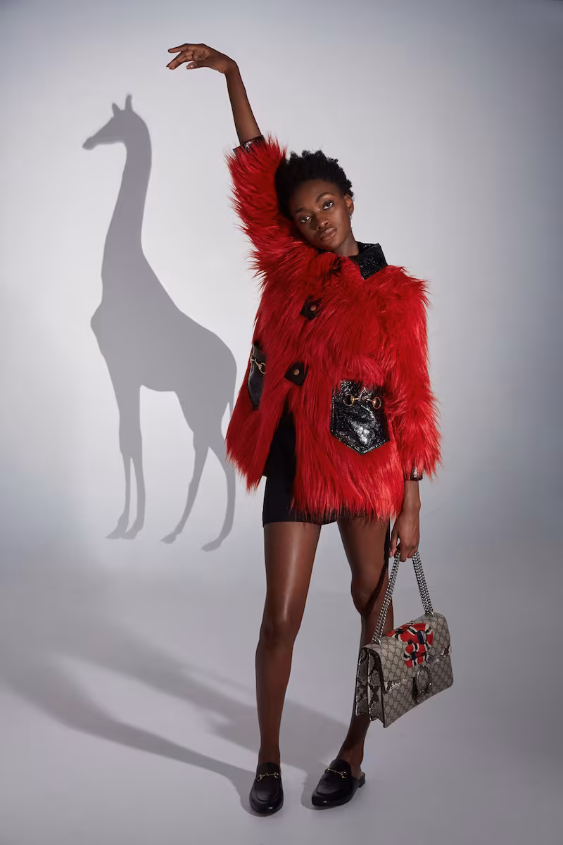 Gucci Red Faux-Fur & Leather Shag Coat