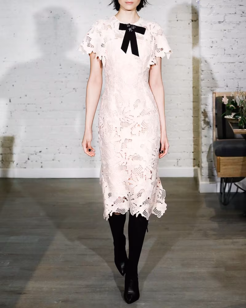 Lela Rose Leaf Guipure Lace Ruffle Dress