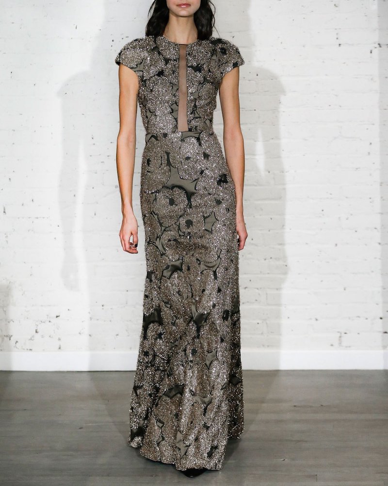 Lela Rose Metallic Tinsel Jacquard Tulle-Inset Column Gown with Detachable Brooch