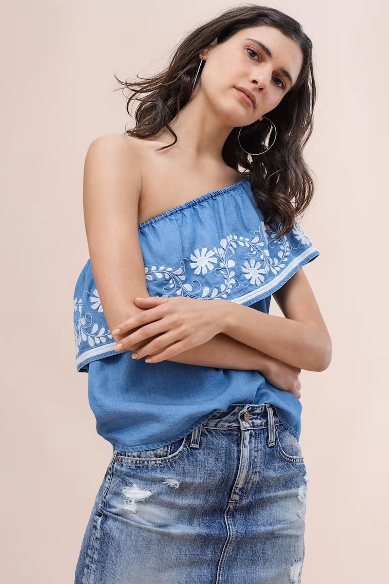 Rebecca Minkoff Rita One-Shoulder Chambray Top