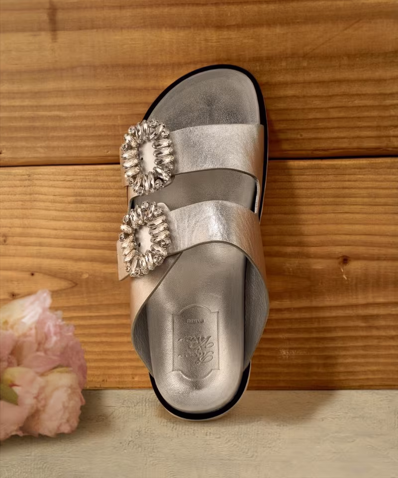 Roger Vivier Slidy Viv Crystal Buckle Metallic Leather Slides