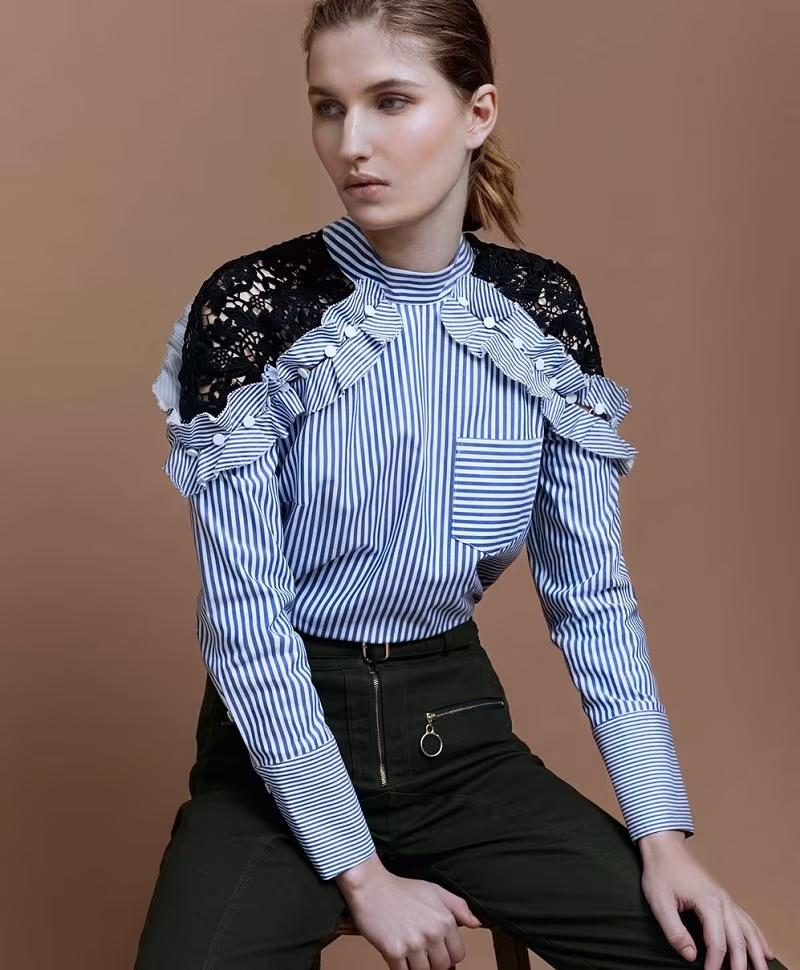 Self-Portrait Cutout-sleeve lace-panel striped shirt