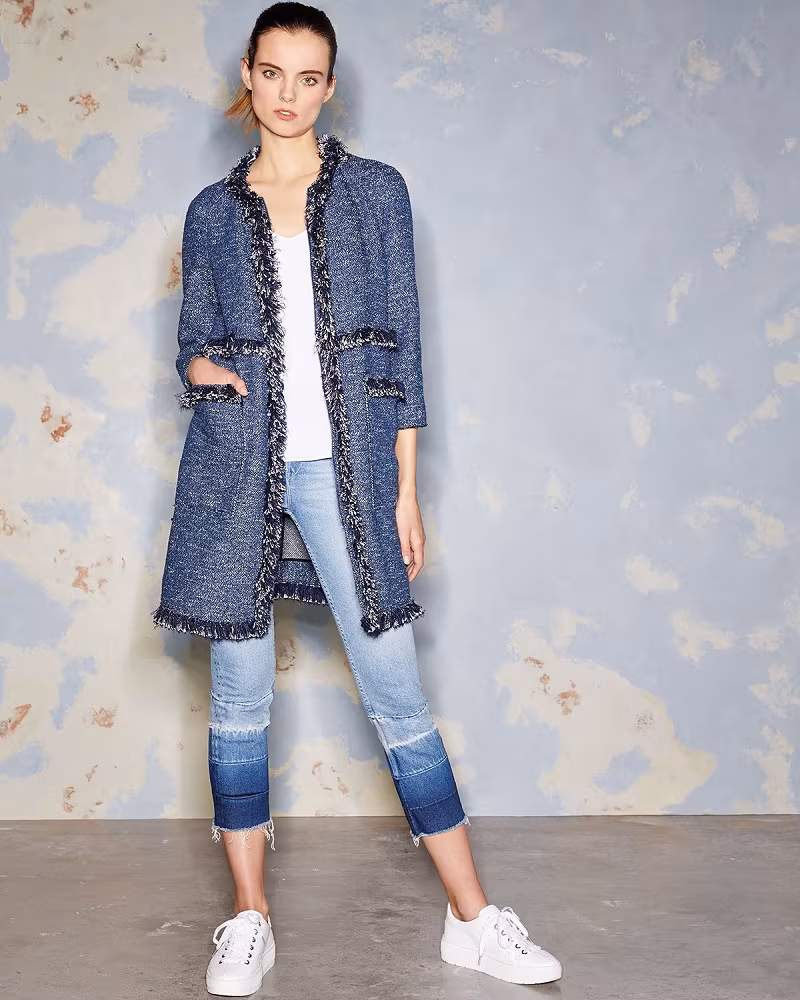 Theory Zarafilla Tweed Zip-Front Coat with Fringe Trim