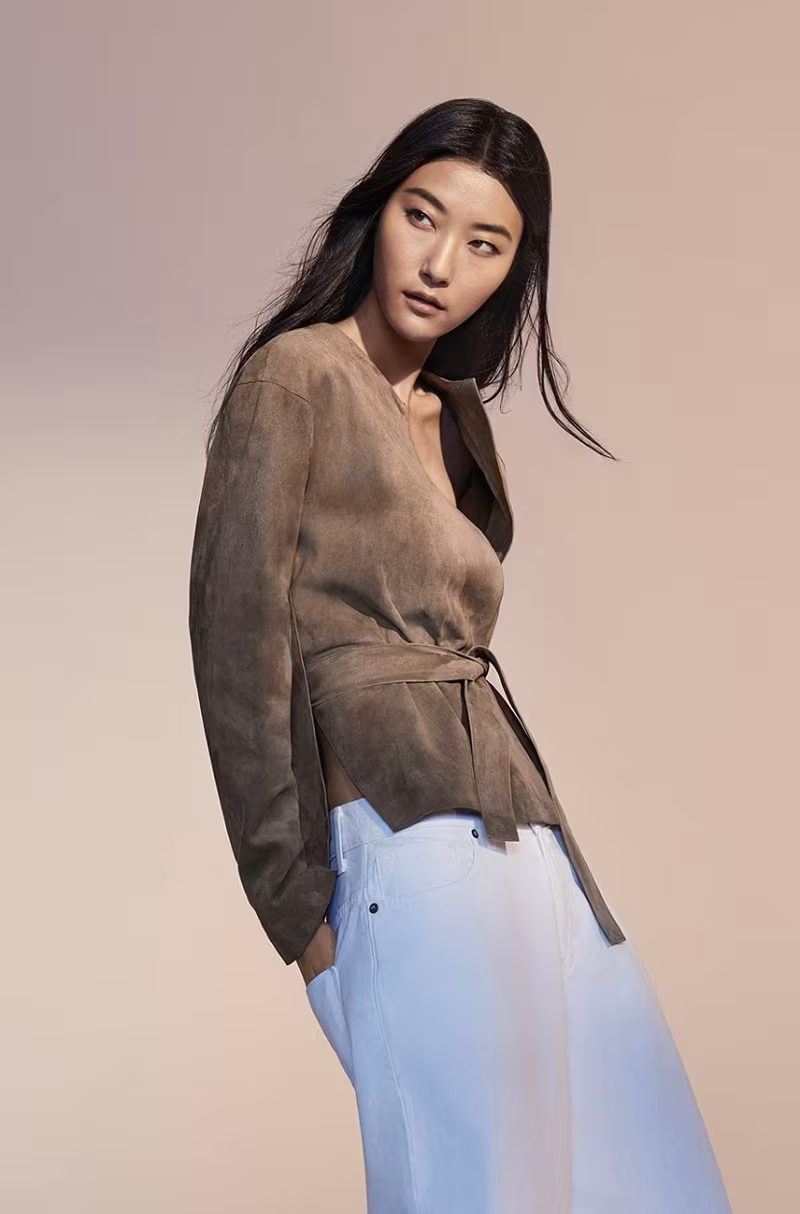 Vince Tie-waist suede collarless jacket