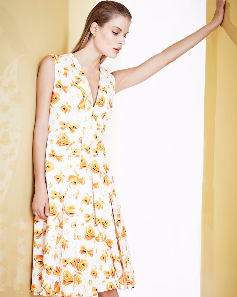 Carolina Herrera Butterfly-Print Pleated V-Neck Dress