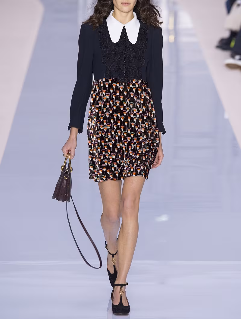 Chloe Long-Sleeve Crepe & Velvet Poppy-Print Minidress