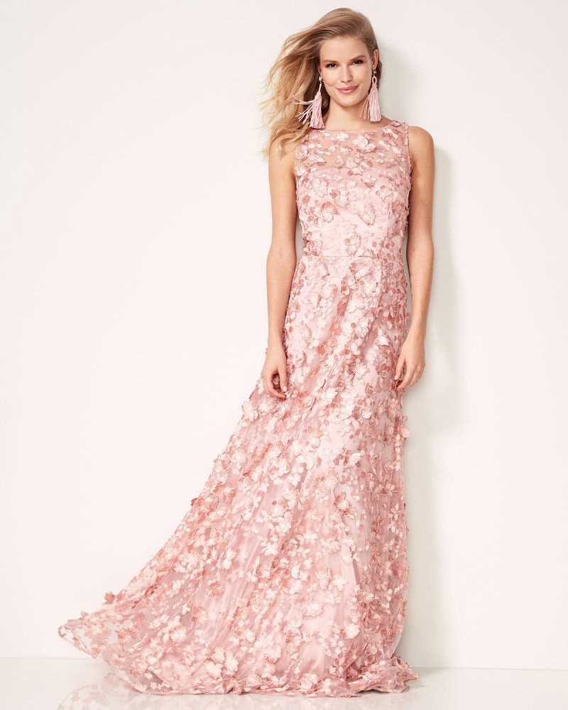 David Meister Sleeveless 3D Floral Tulle Gown