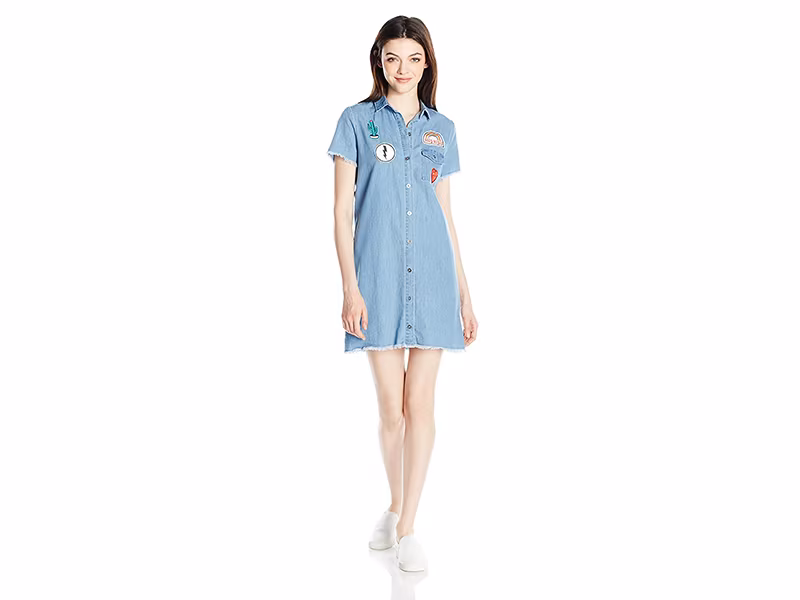Derek Heart Danni's Everyday Denim Shirtdress with Patches + Raw Hem