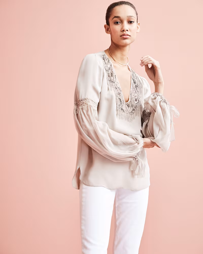 Elie Tahari Clementine Tie-Sleeve Mixed-Media Silk Blouse
