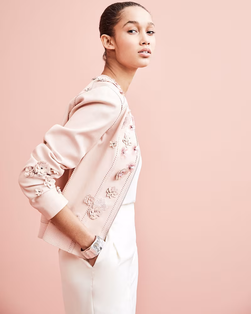 Elie Tahari Glenna Leather Moto Jacket with Floral Appliqué