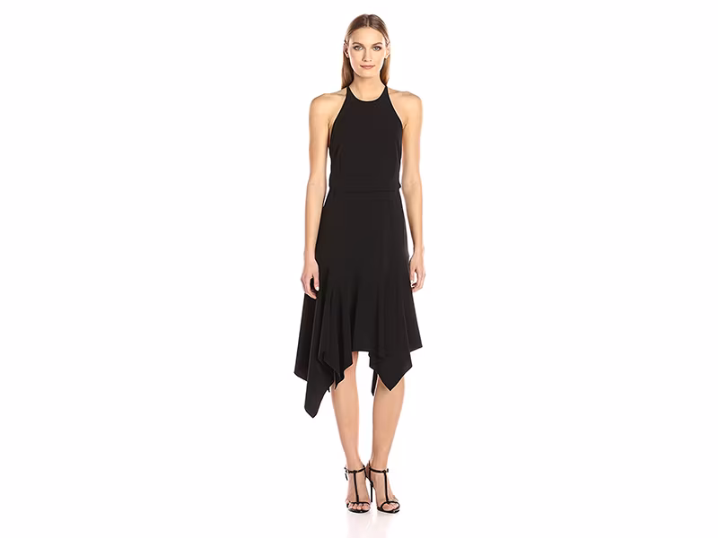 HALSTON HERITAGE Sleeveless Round Neck Flounce Skirt Dress with Back Straps