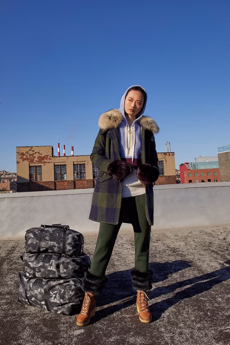 Post Card Checkered Midi Coat with Fur Hood