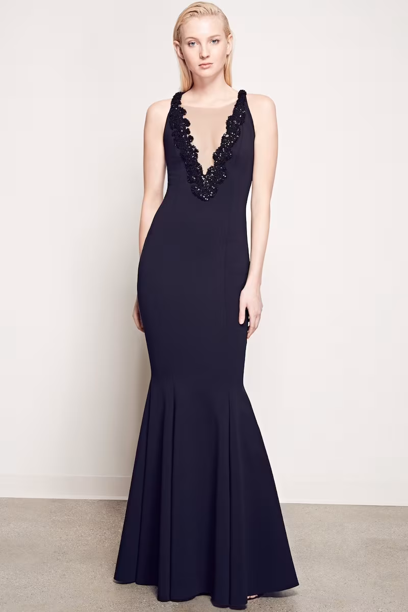 Rachel Gilbert Embellished Illusion V-Neck Trumpet Gown