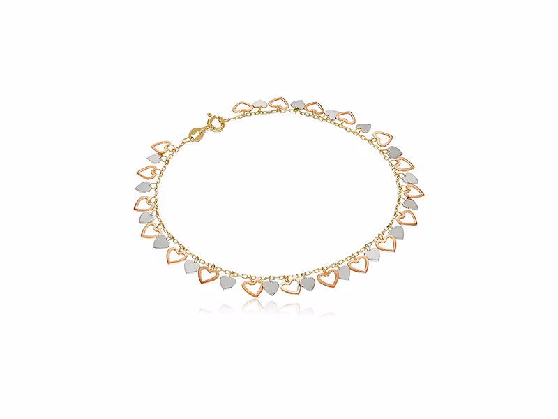 Amazon Collection 10k White, Yellow and Rose Gold Hearts Charm Bracelet