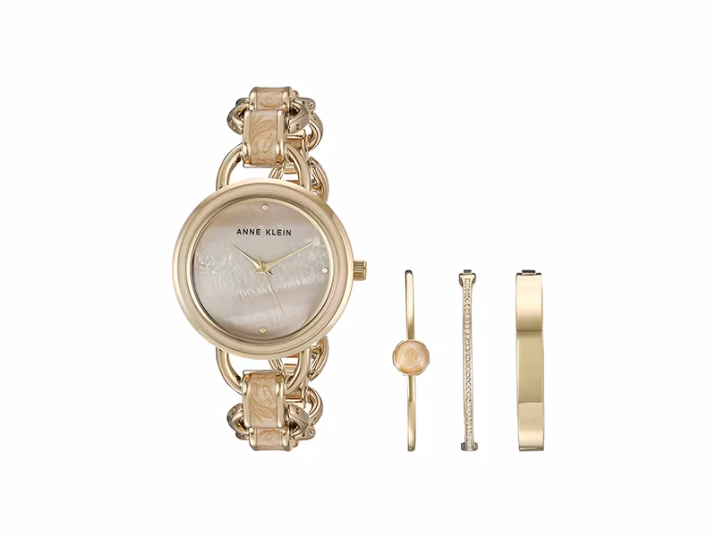 Anne Klein AK/2750LPST Gold-Tone and Tan Marbleized Open Link Bracelet Watch and Bangle Set