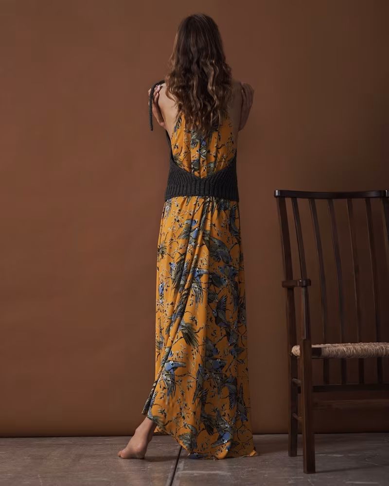 Loewe Ribbed-Knit Panel and Bird-Print Maxi Dress