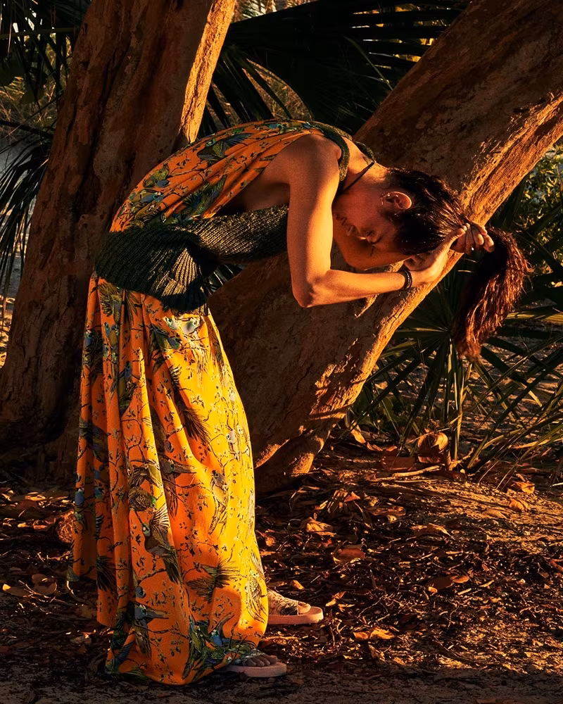 Loewe x Paula’s Ibiza Ribbed-Knit Panel And Bird-Print Maxi Dress
