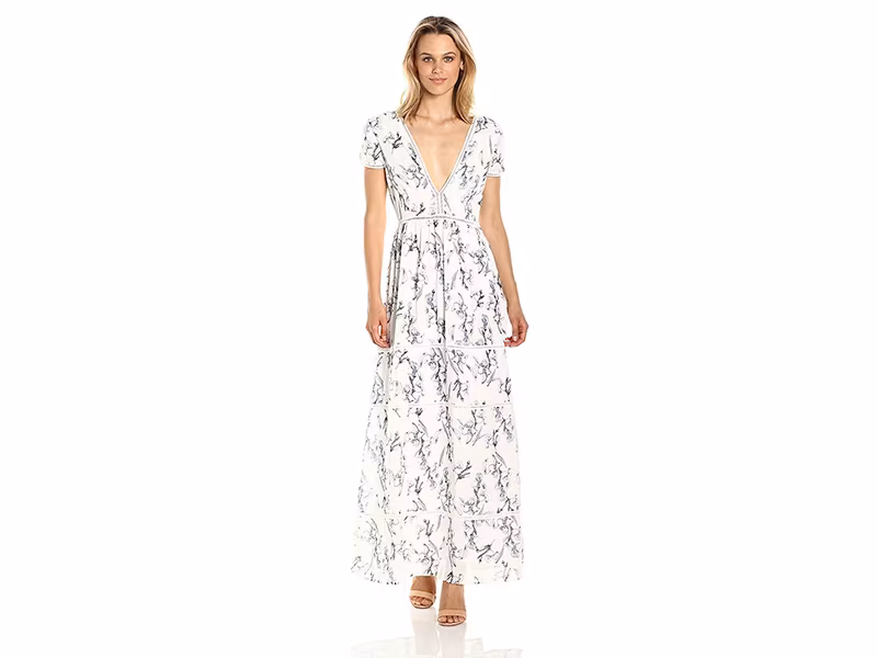 Lucca Couture Ladder Trim Tiered Printed Maxi Dress