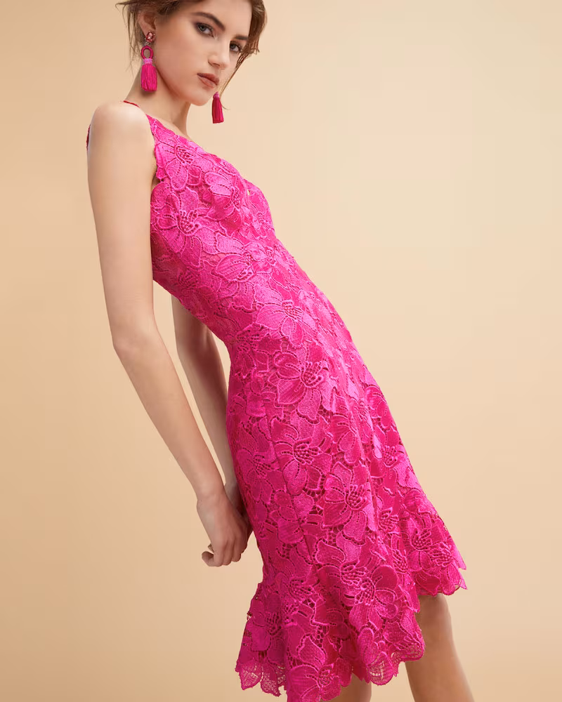 Monique Lhuillier Floral Guipure Lace Sleeveless Flounce Dress