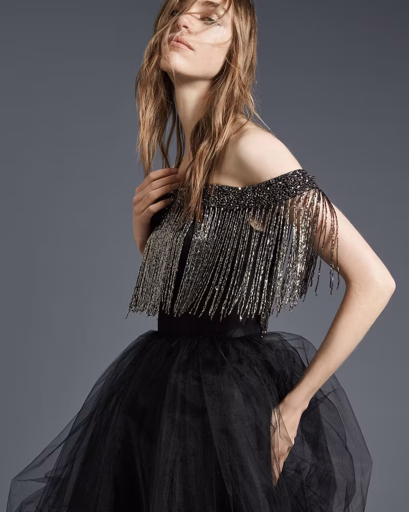 Monique Lhuillier Off-the-Shoulder Metallic Fringe Cocktail Dress